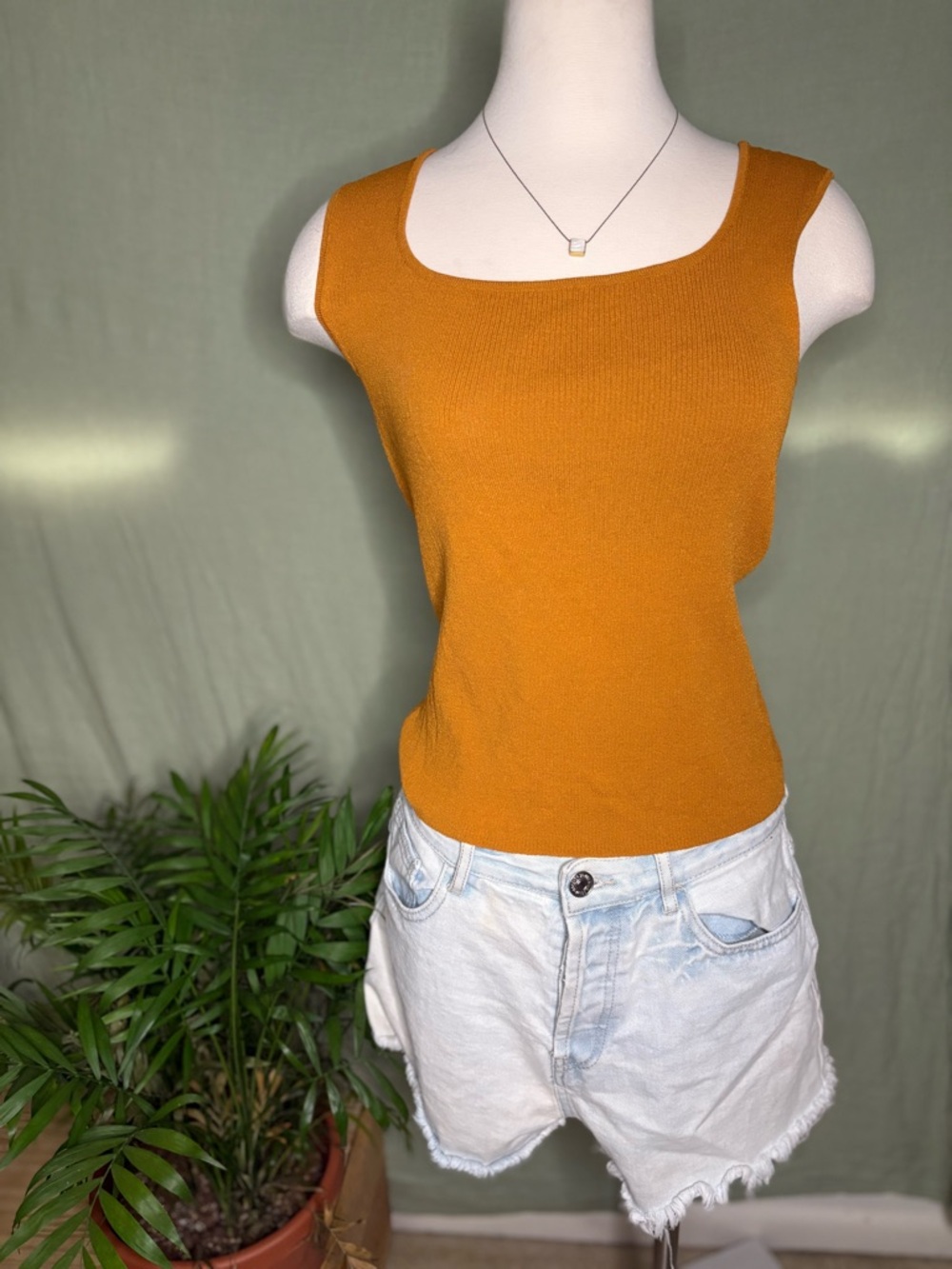 Sleeveless Square-Neck Knit Tank - Mustard Gold